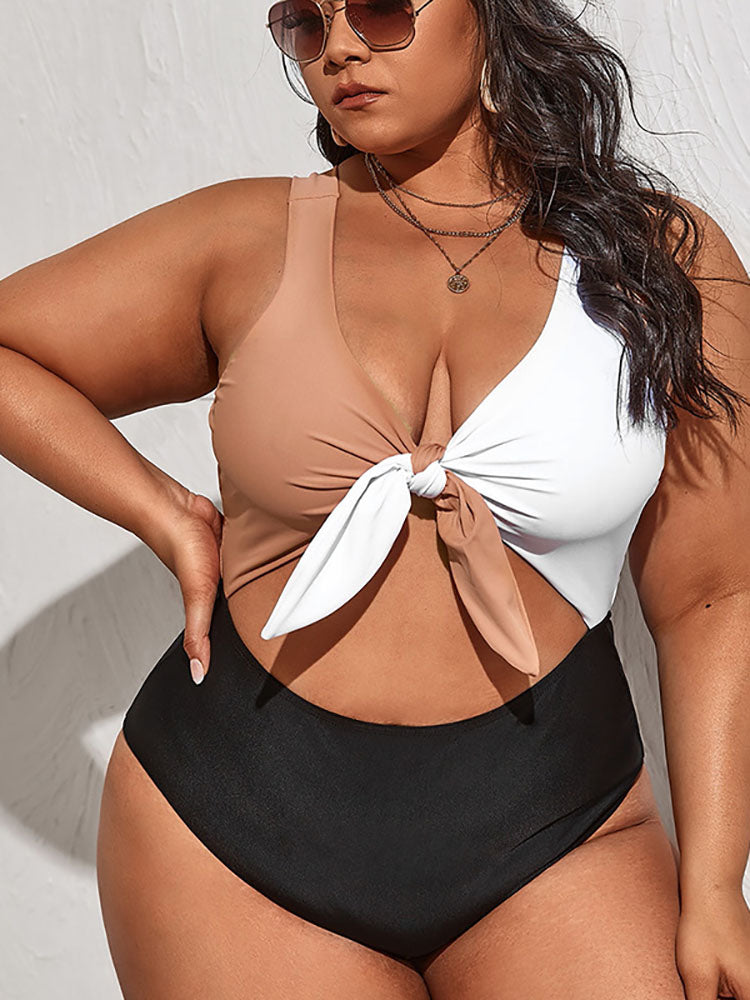 Plus Size Sleeveless Color Block Swimsuits