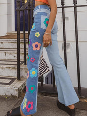 Denim Patchwork Floral Print Straight Jeans