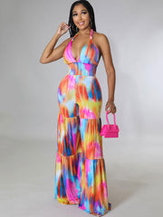 Halter Neck Backless Tie Dye Wide Leg Jumpsuits