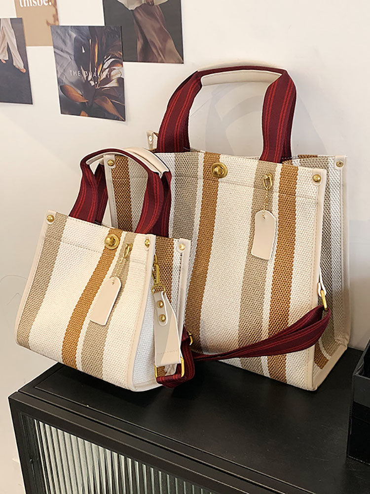 Striped Print Canvas Tote Shoulder Bags