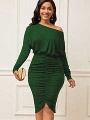 One Shoulder Batwing Long Sleeve Ruched Midi Dresses