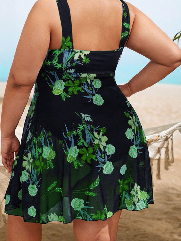 Plus Size Floral Print Mesh Bikini Bodysuit