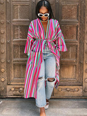 Striped Open Front Split Belted Shirt Coats