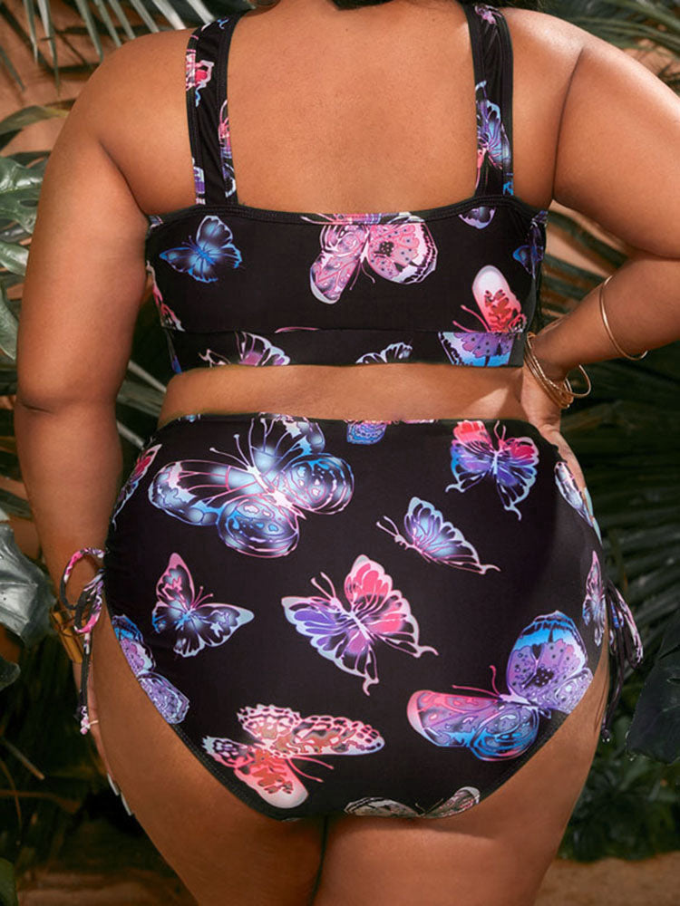 Plus Size Halter Neck Butterfly Print Swimsuit