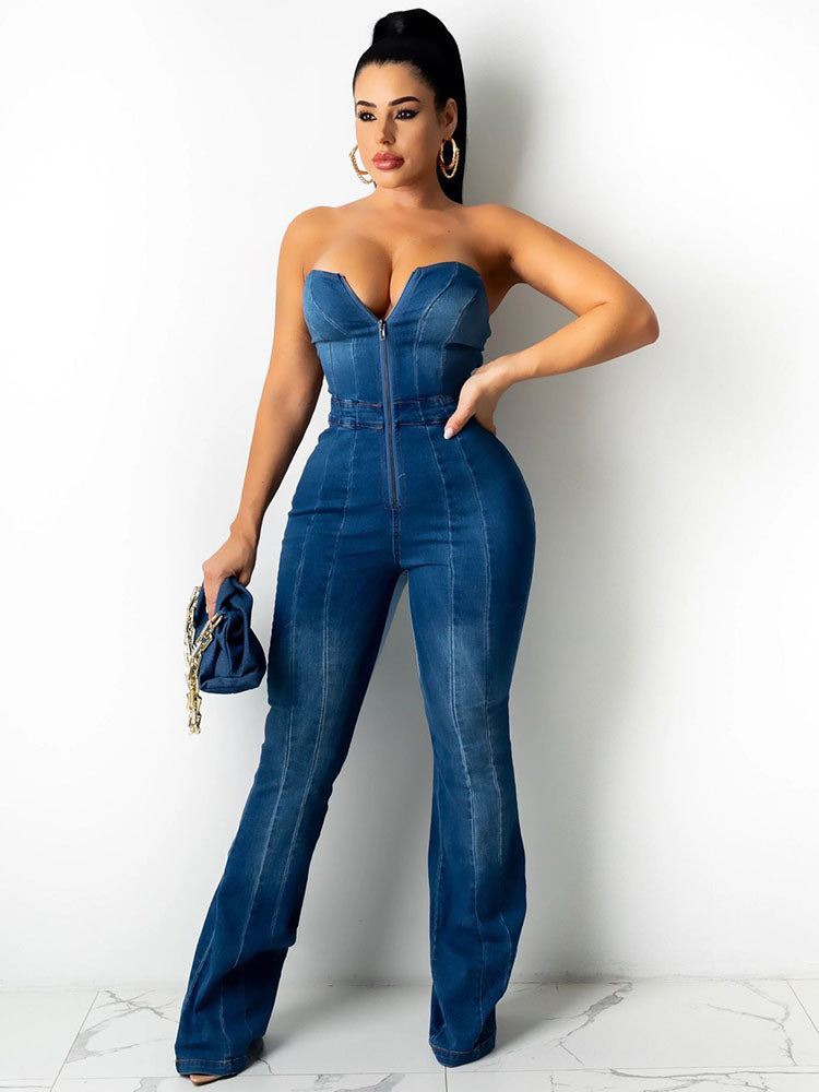 Off Shoulder Lace Up Denim Rompers