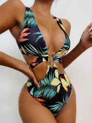 Sleeveless Backless Leaf Print Swimsuits