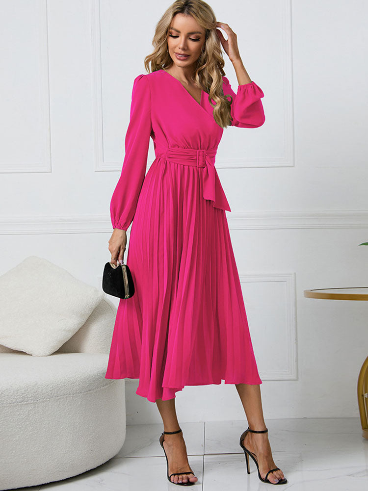 Long Sleeve Pleated Belted Midi Dresses