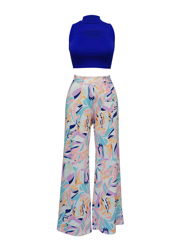 Two Piece Crop Tops Floral Print Long Pants