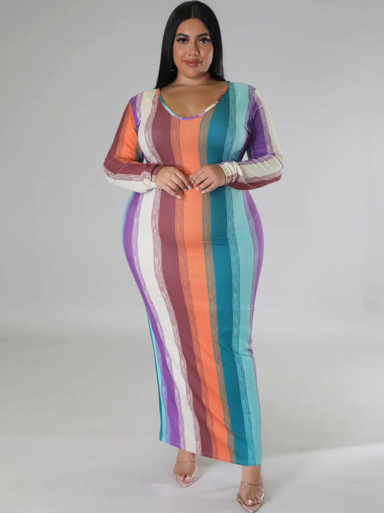 Plus Size Long Sleeve Color Block Maxi Dresses