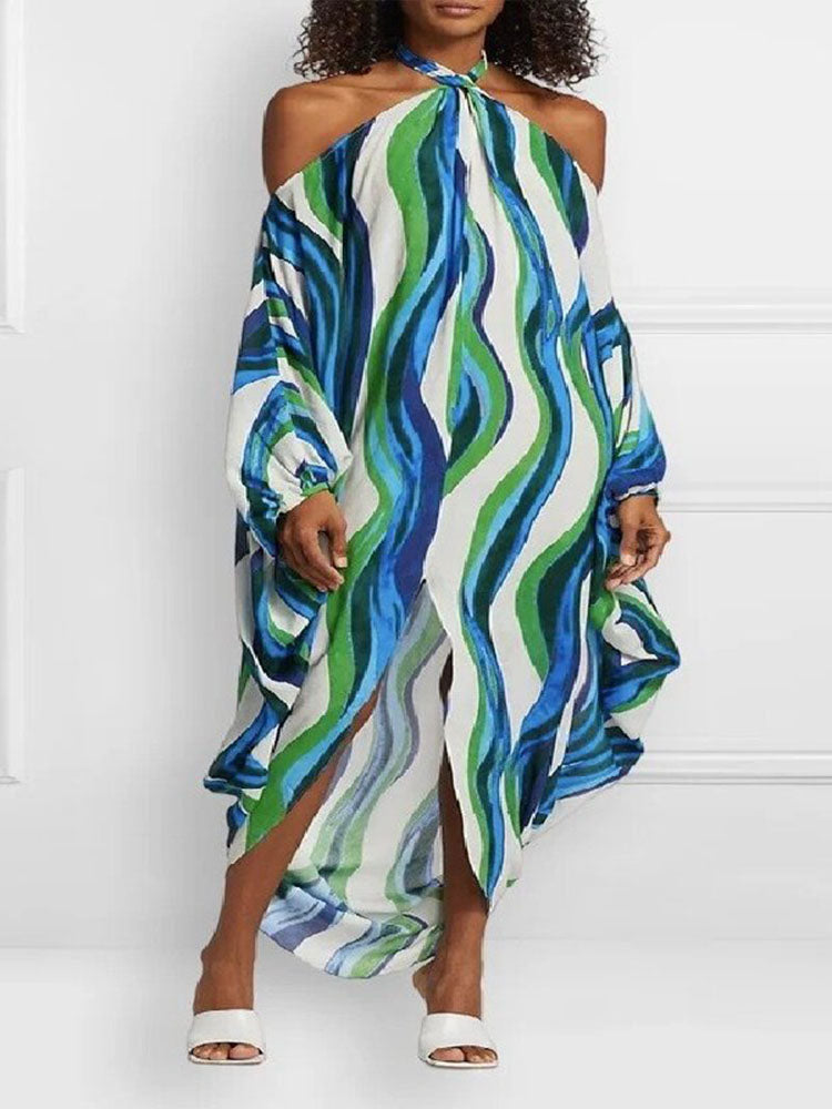 Colorful Striped Sexy Halter Neck Tie Maxi Dresses