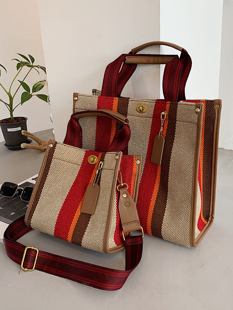 Striped Print Canvas Tote Shoulder Bags