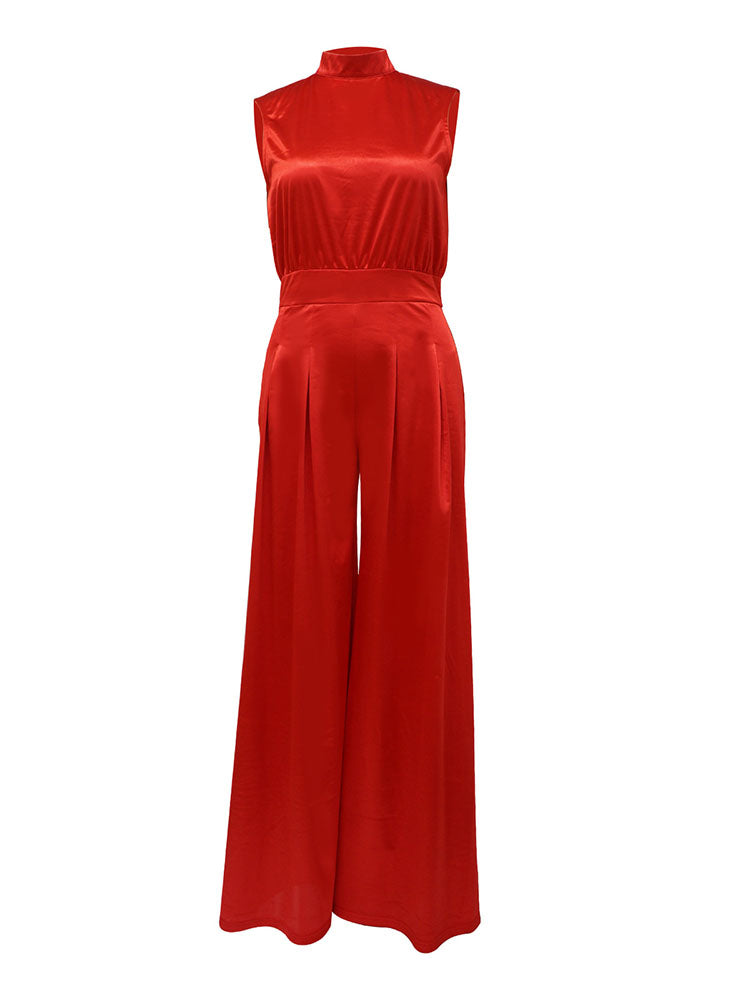 Sleeveless Mock Neck Wide-Leg Jumpsuit