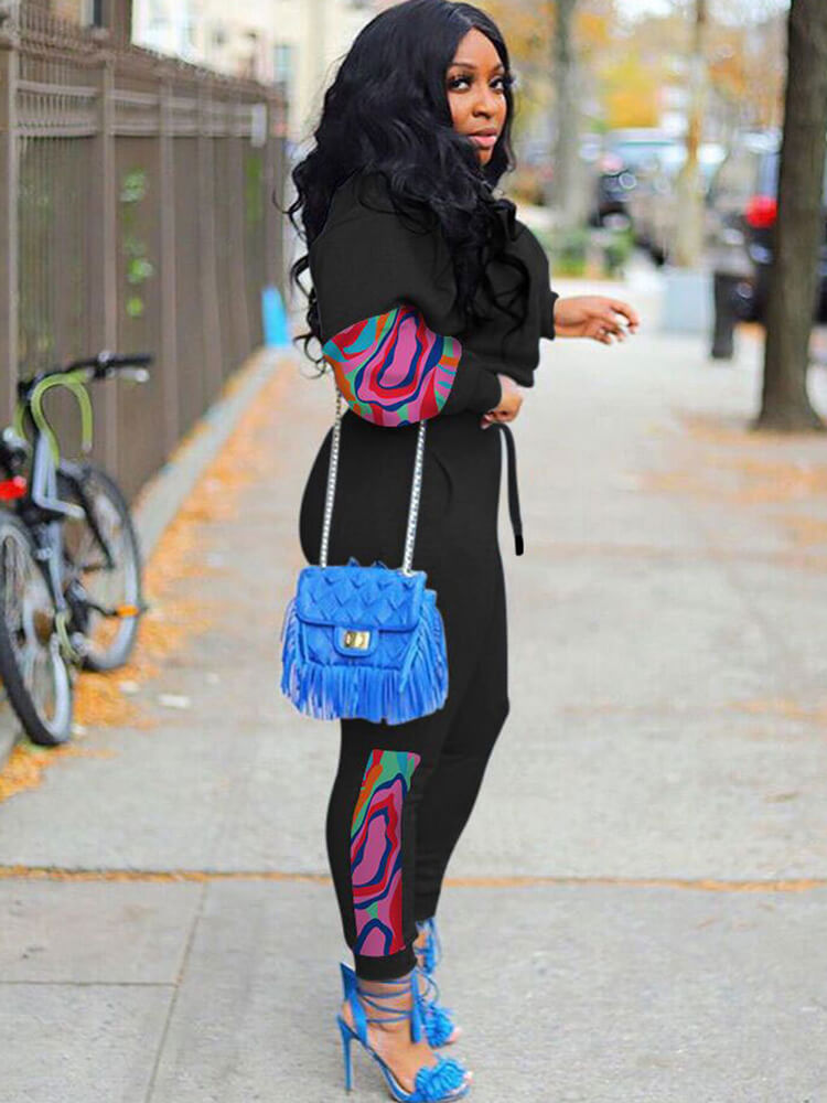 Two Piece Long Sleeve Print Patchwork Pullover & Pants