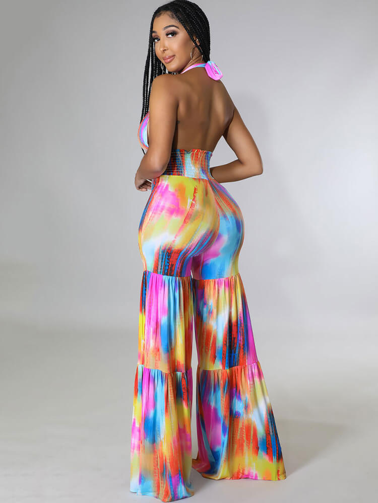 Halter Neck Backless Tie Dye Wide Leg Jumpsuits