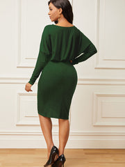 One Shoulder Batwing Long Sleeve Ruched Midi Dresses