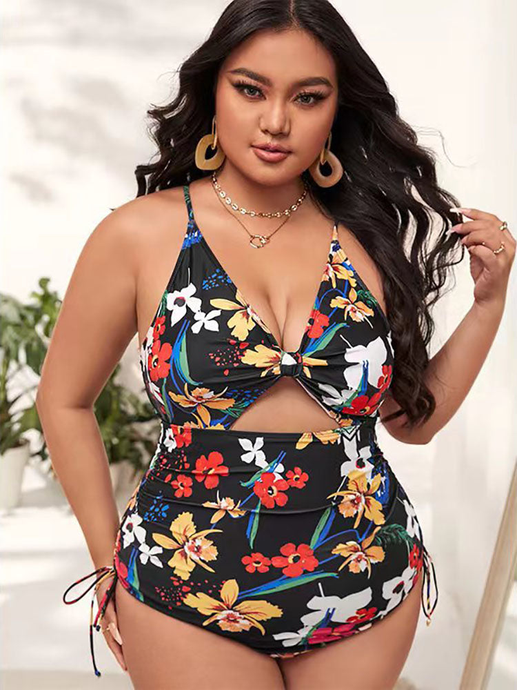 Plus Size Floral Print Backless Swimsuits