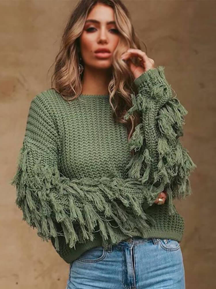 Knit Long Sleeve Tassel Bodycon Sweater