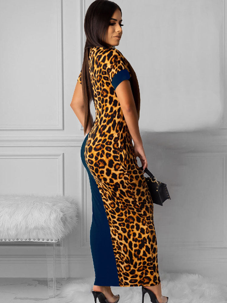 Short Sleeve Leopard Printed Patchwork Maxi Dress