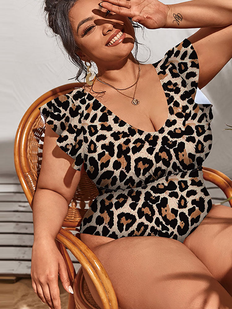 Plus Size Sleeveless Ruffle Floral Print Swimsuits