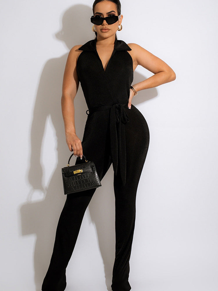 Sleeveless Collar Belt Solid Long Pants Rompers