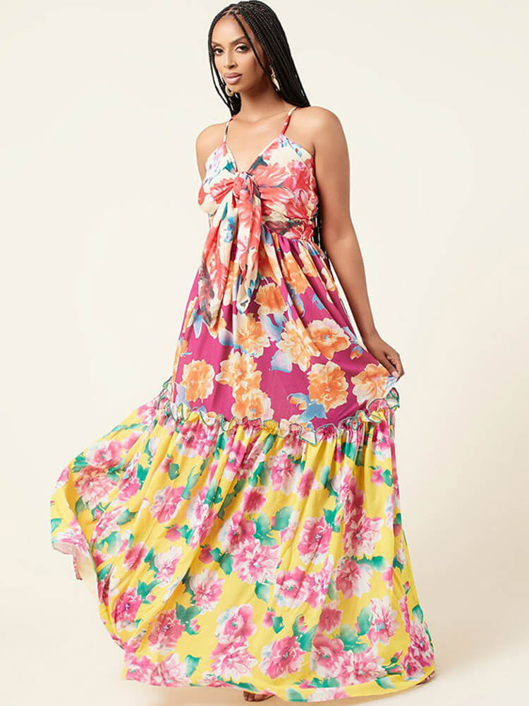 Spaghetti Strap V Neck Floral Maxi Dresses