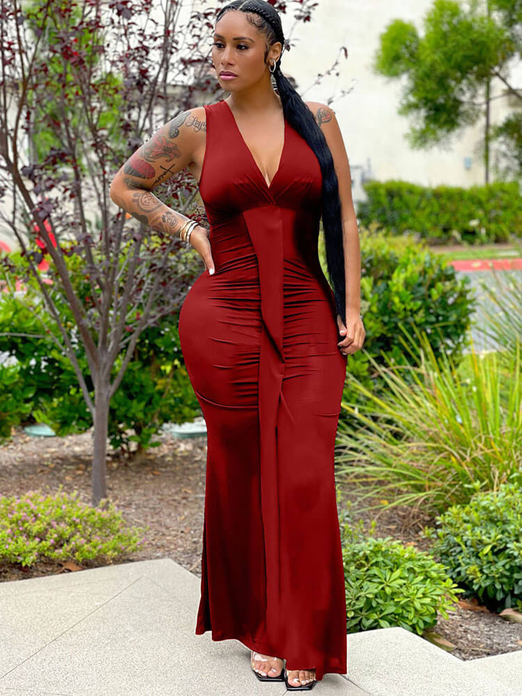 Sleeveless V Neck High Waist Maxi Dresses