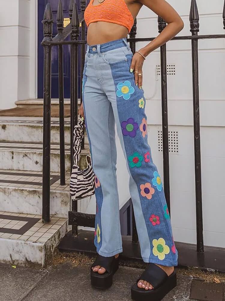 Denim Patchwork Floral Print Straight Jeans