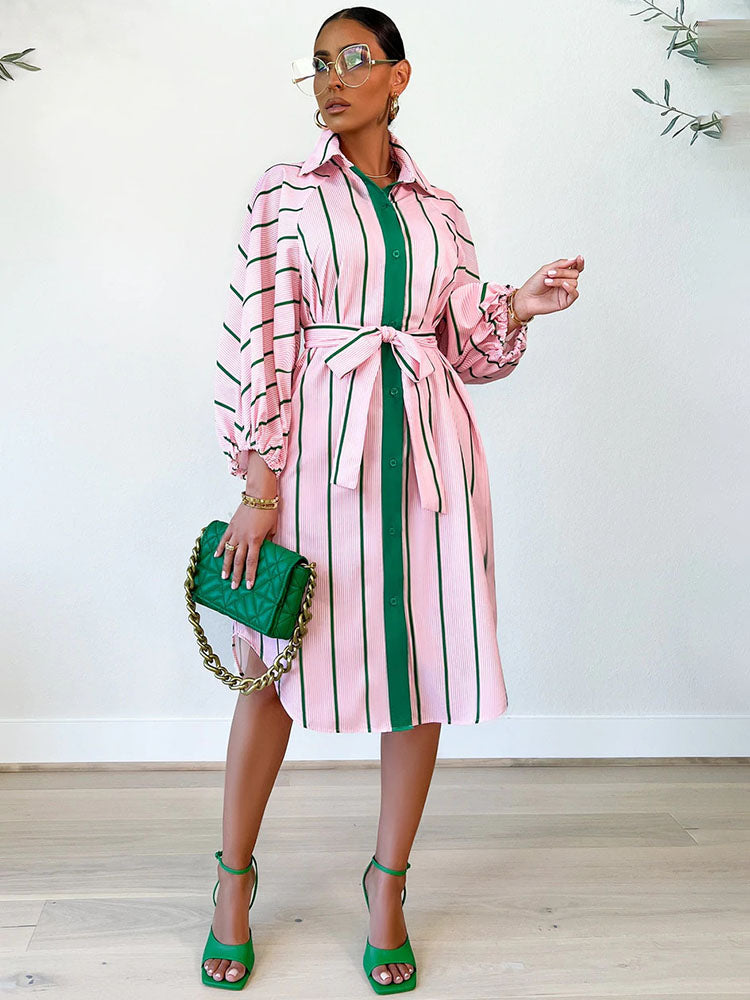 Striped Button Down Shirt Midi Dresses