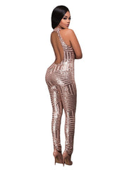 Sleeveless Halter Backless Sequin Bodycon Jumpsuits