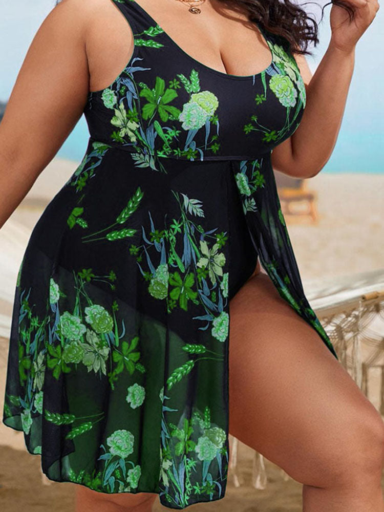 Plus Size Floral Print Mesh Bikini Bodysuit