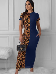 Short Sleeve Leopard Printed Patchwork Maxi Dress