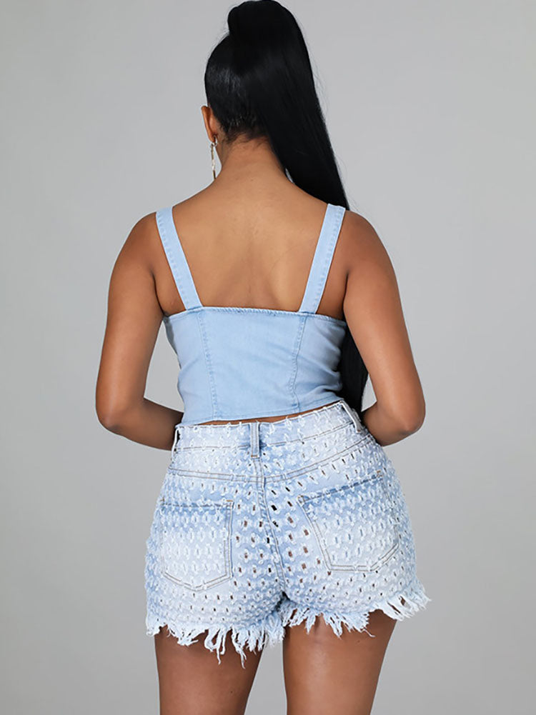 Denim Gradient Hollow Out Short Pants