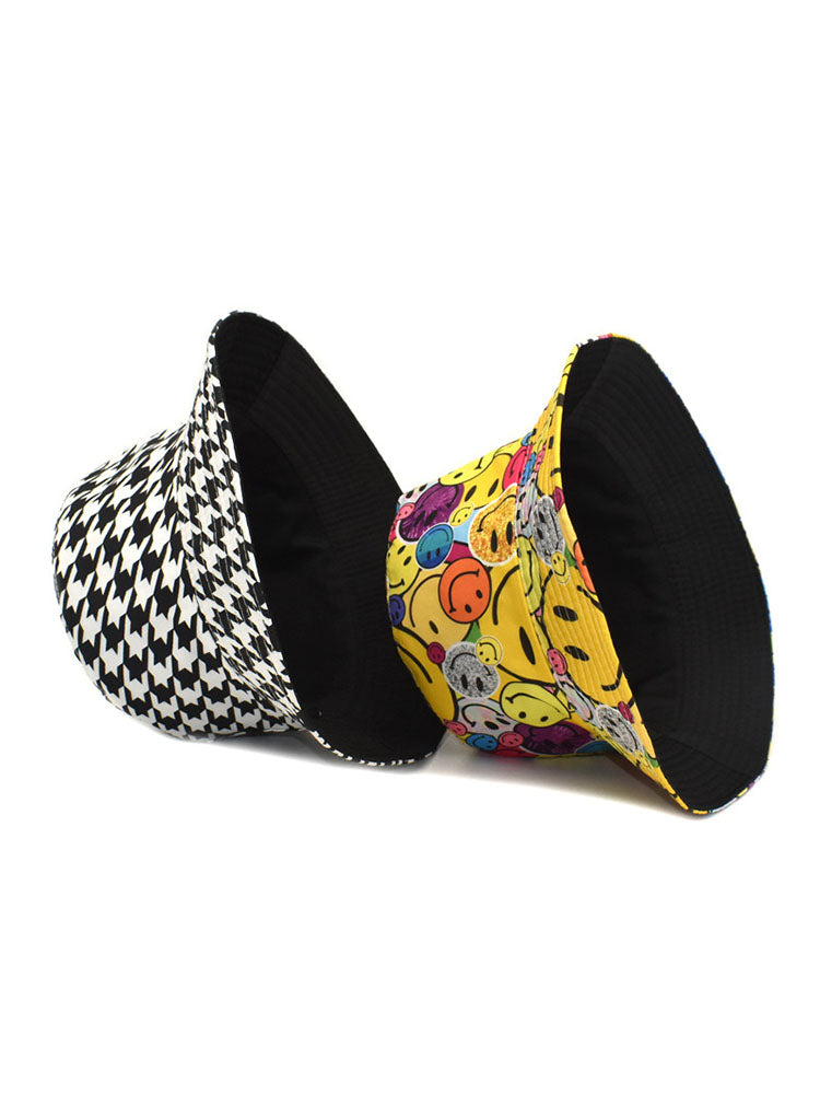 Houndstooth Smiling Face Print Bucket Hat