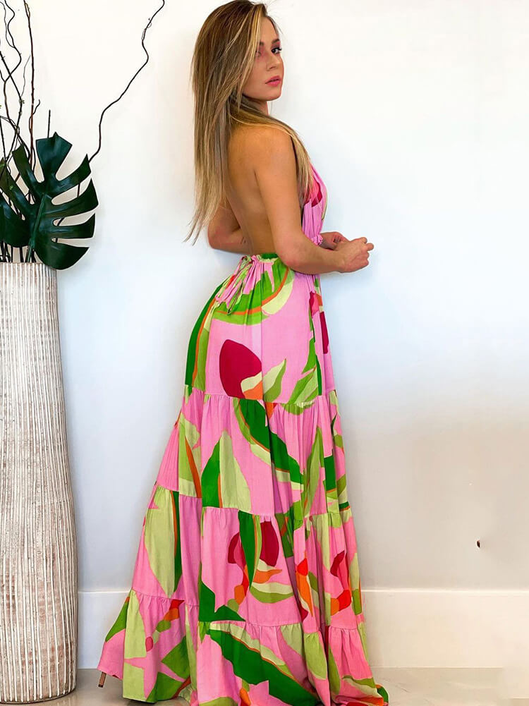 Halter Neck Backless Floral Print Maxi Dressses