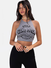 Halter Neck Letter Print Backless Crop Tops