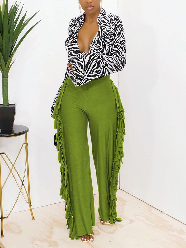 Elastic Waist Solid Tassel Wide Leg Long Pants