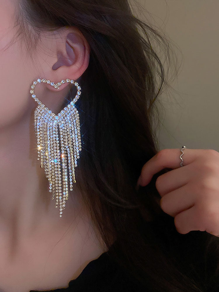 Rhinestone Butterfly Heart Tassel Earrings