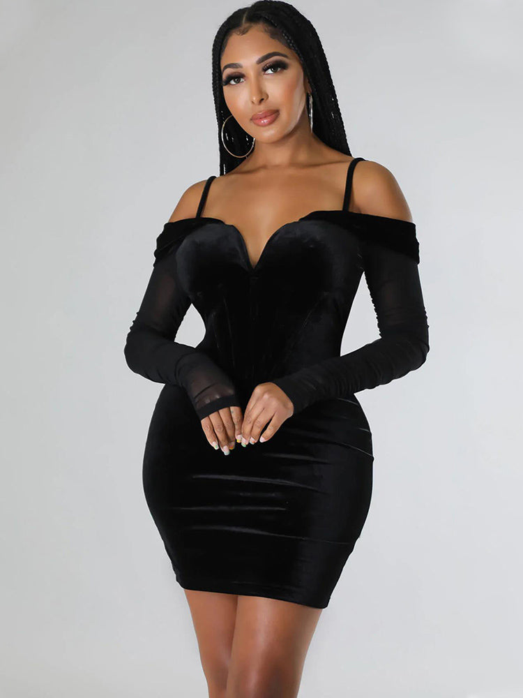 Off Shoulder Mesh Long Sleeve Mini Dress