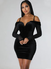 Off Shoulder Mesh Long Sleeve Mini Dress