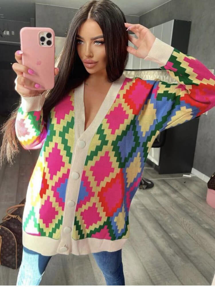 Knit Long Sleeve Color Block Plaid Printed Jackets