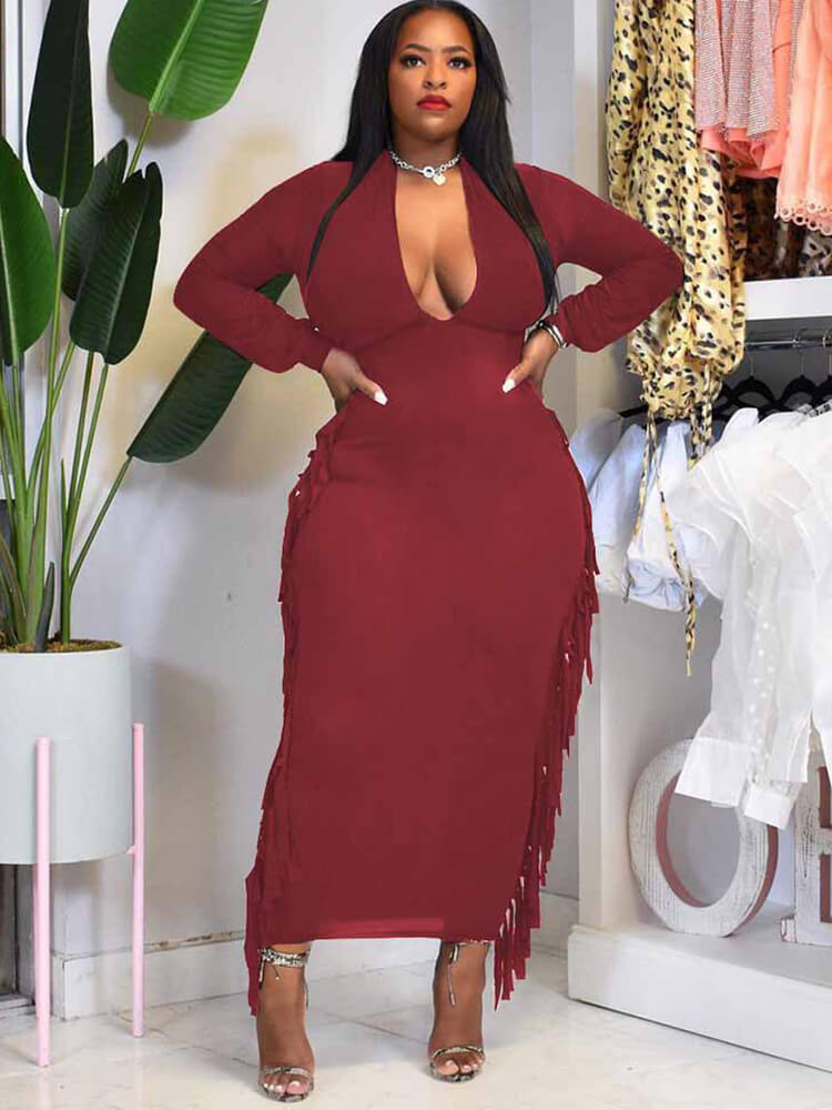 Plus Size Long Sleeve Tassel Maxi Dresses