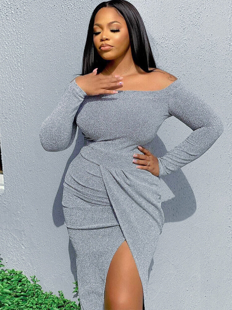 Off Shoulder Long Sleeve Split Midi Dress