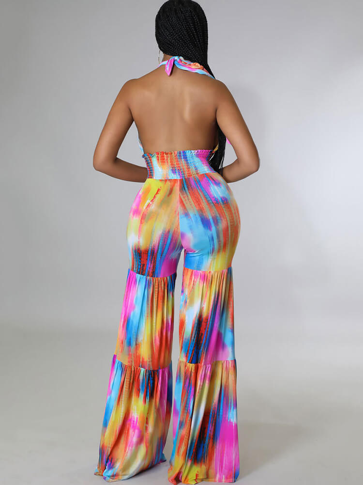 Halter Neck Backless Tie Dye Wide Leg Jumpsuits