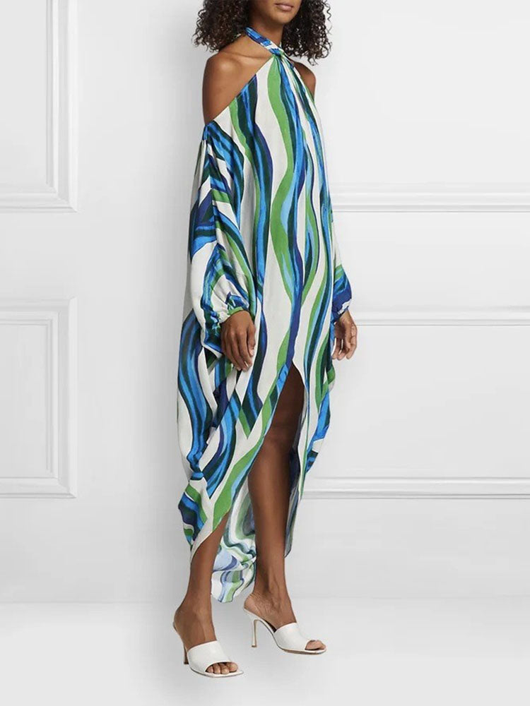 Colorful Striped Sexy Halter Neck Tie Maxi Dresses