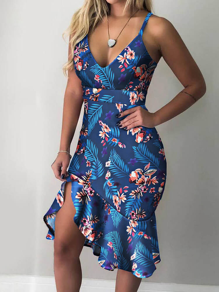 Spaghetti Strap V Neck Printed Split Ruffle Midi Dress