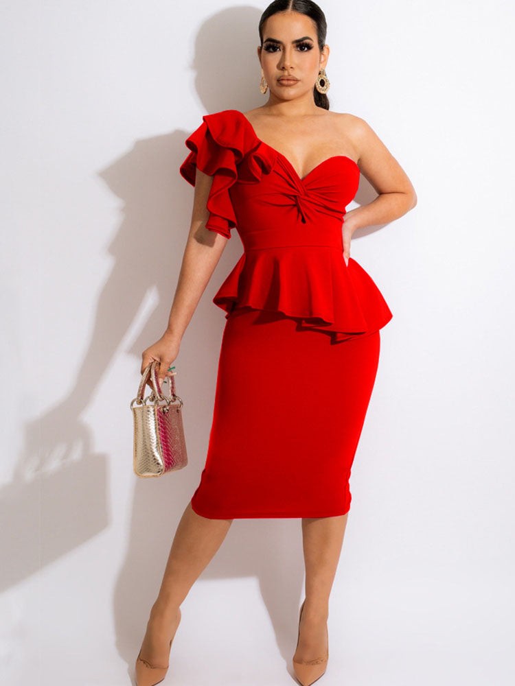 One Shoulder Ruffle Bodycon Midi Dress