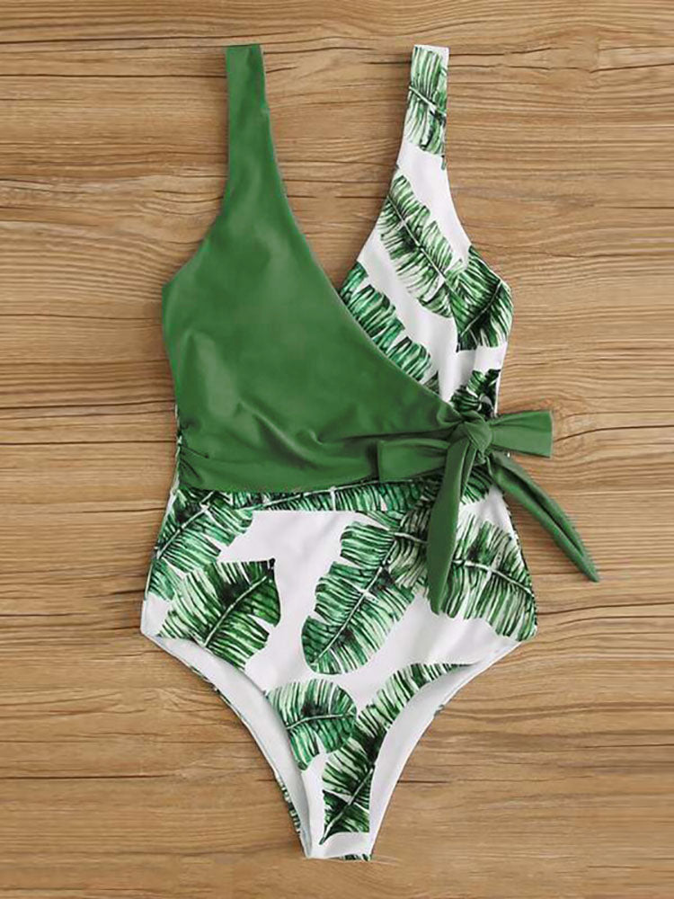 Plus Size Leaf Print Patchwork Swimsuits