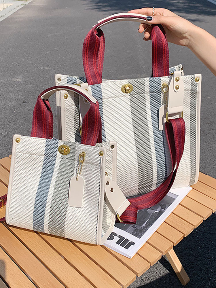 Striped Print Canvas Tote Shoulder Bags