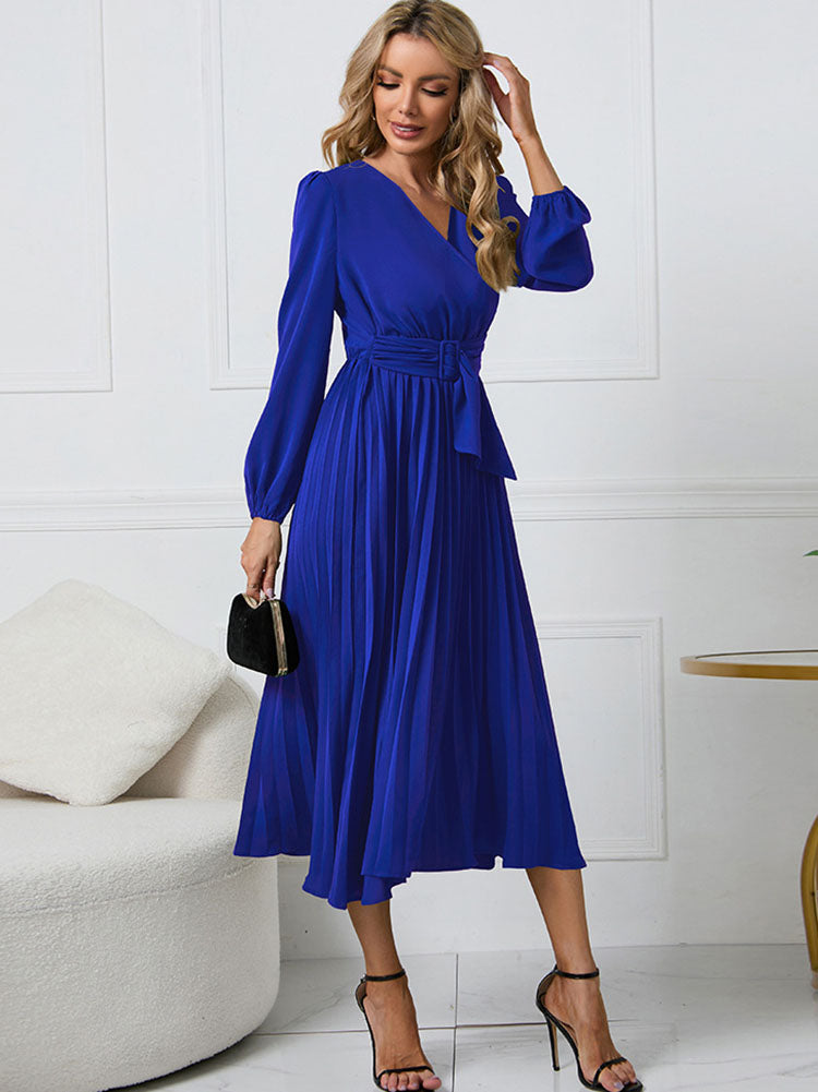 Long Sleeve Pleated Belted Midi Dresses