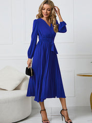 Long Sleeve Pleated Belted Midi Dresses